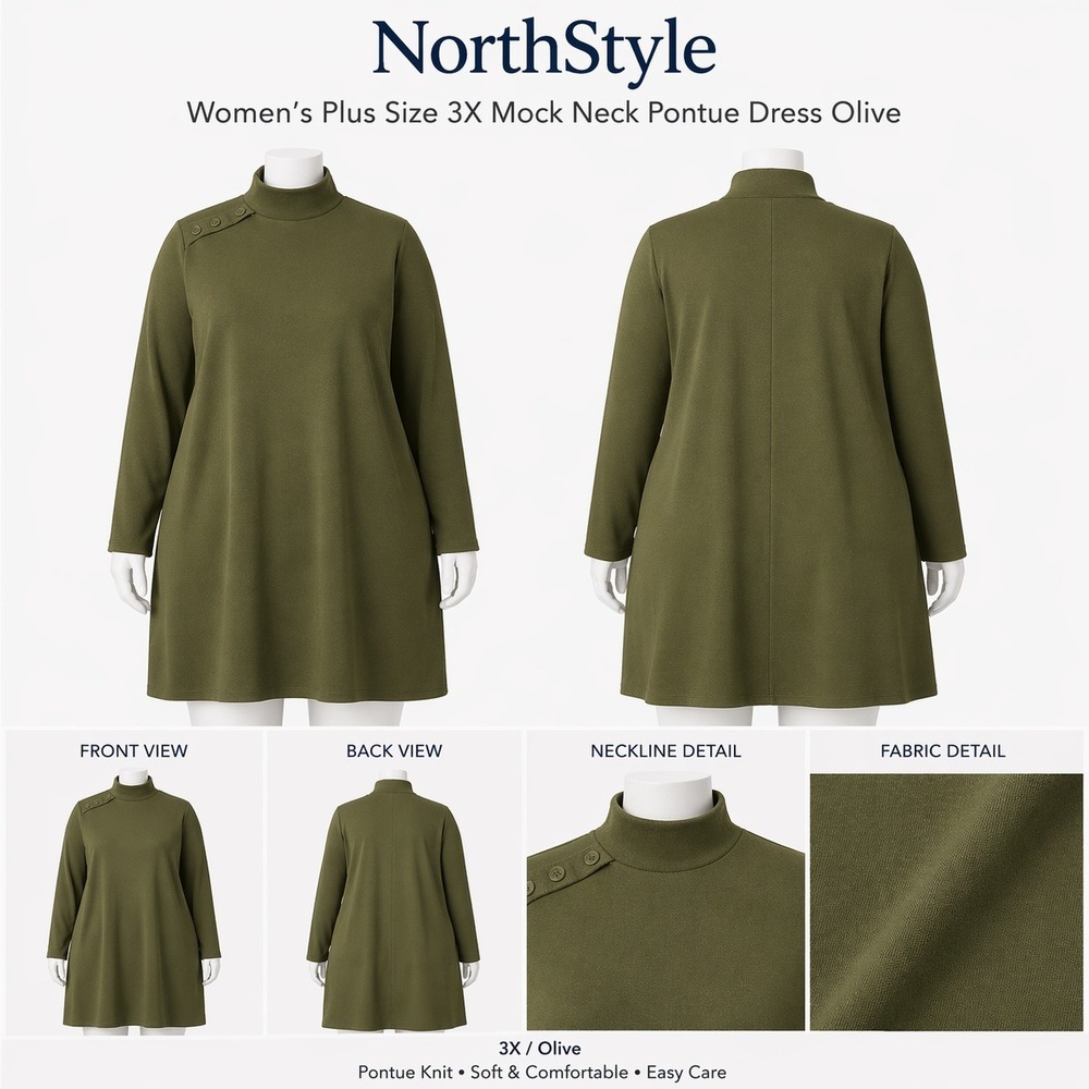 NorthStyle Womens Plus Size 3X Mock Neck Ponte Dress Olive Green Button Shoulder
